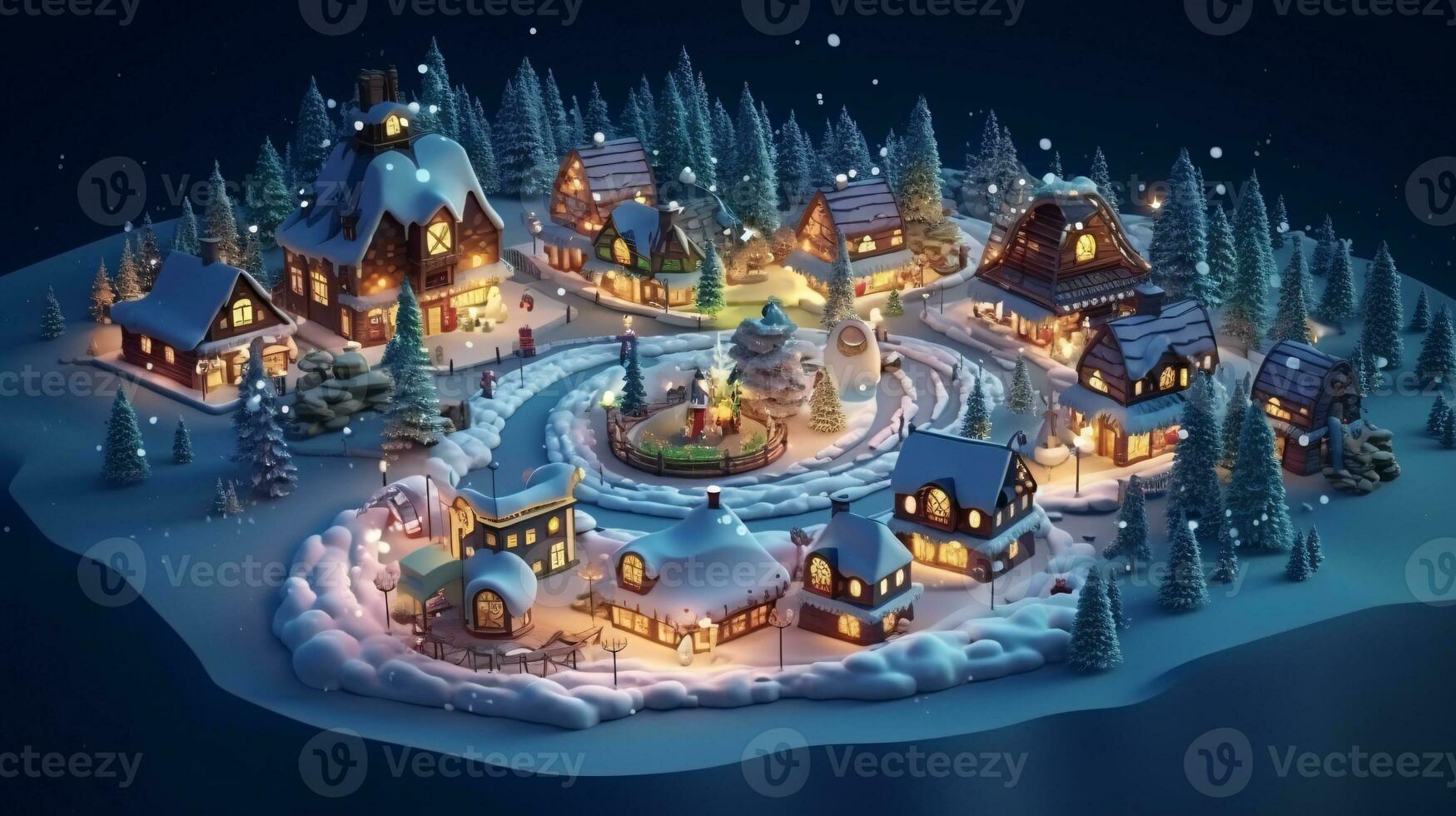 ai generative Realistic cozy small Christmas town by night isometric or birds eye view photo