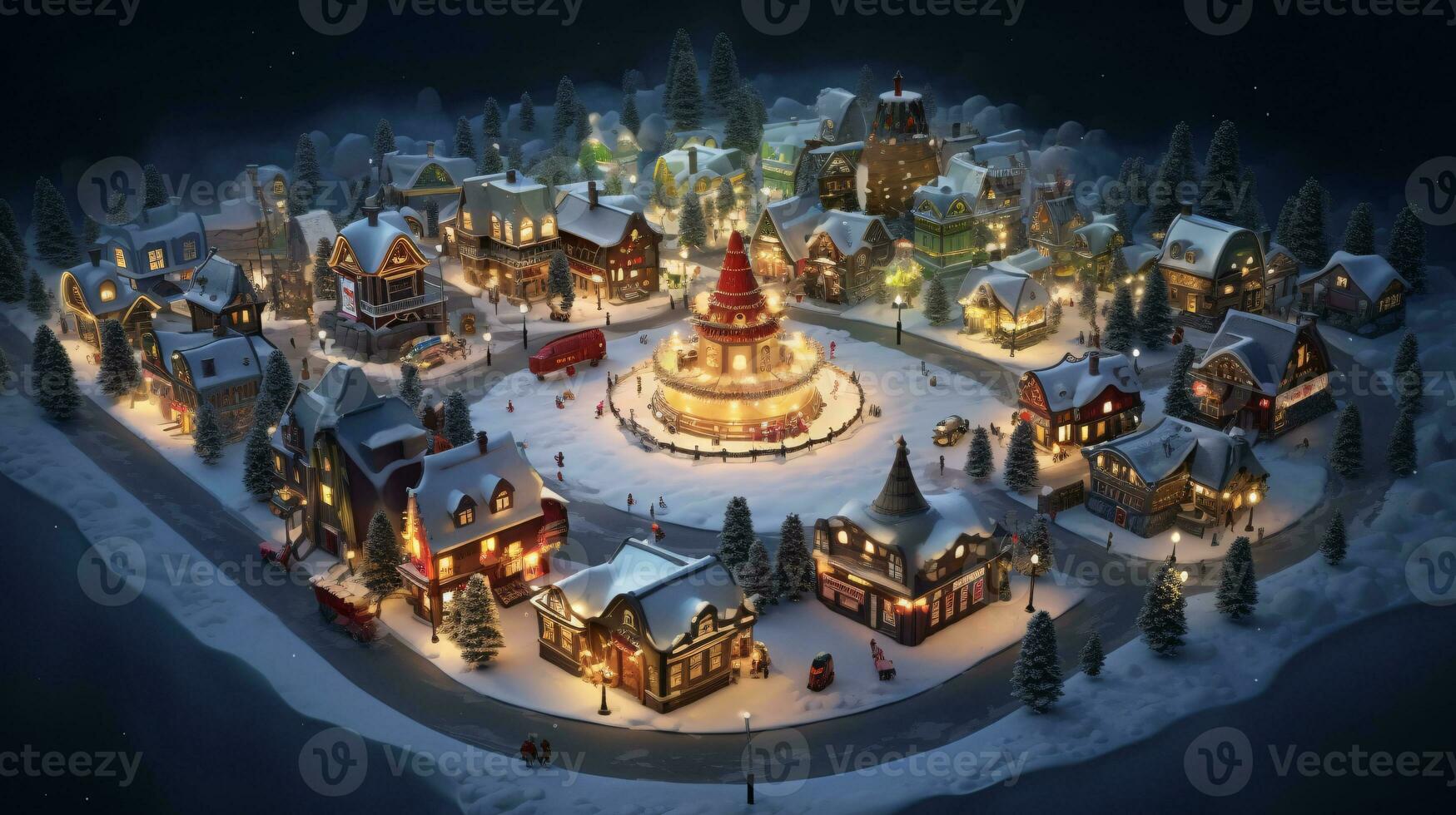 ai generative Realistic cozy small Christmas town by night isometric or birds eye view photo