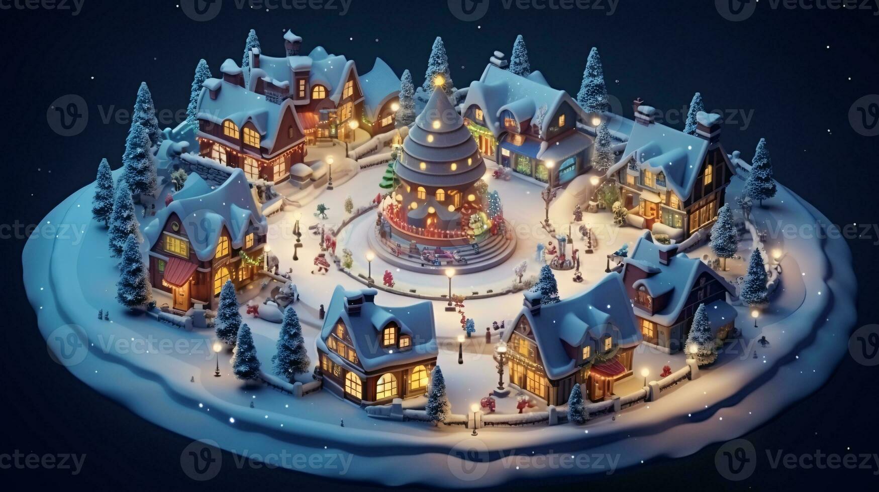 ai generative Realistic cozy small Christmas town by night isometric or birds eye view photo