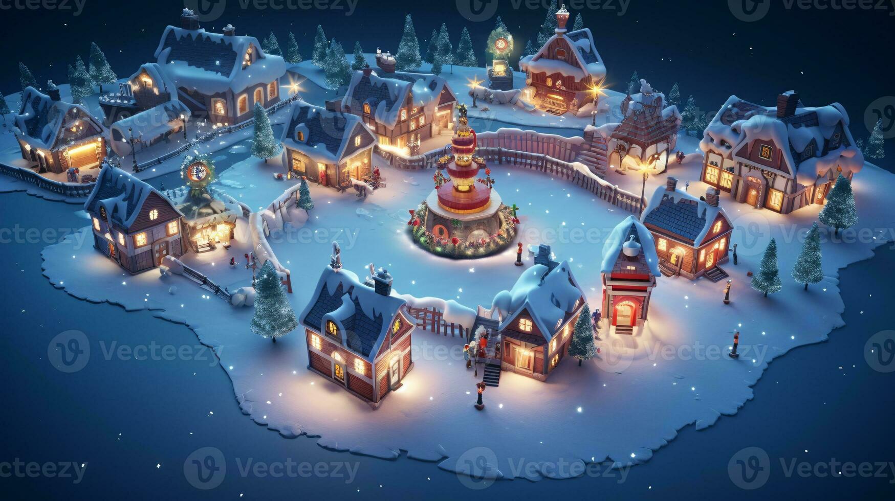 ai generative Realistic cozy small Christmas town by night isometric or birds eye view photo