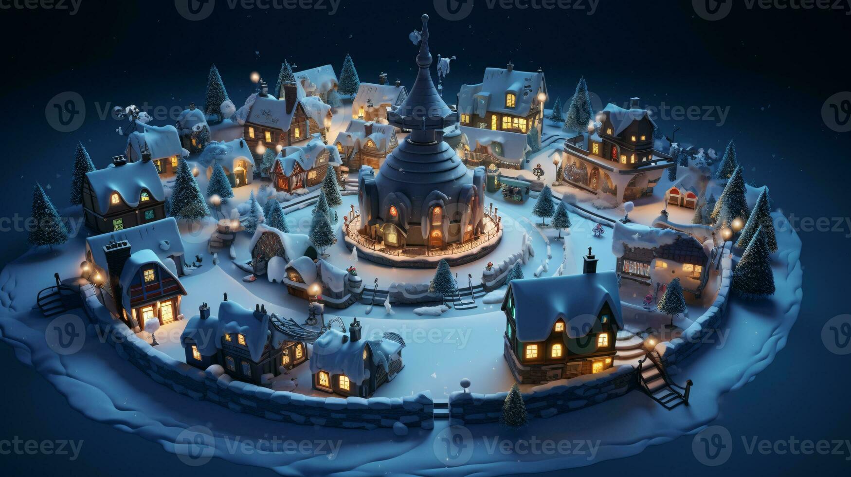 ai generative Realistic cozy small Christmas town by night isometric or birds eye view photo