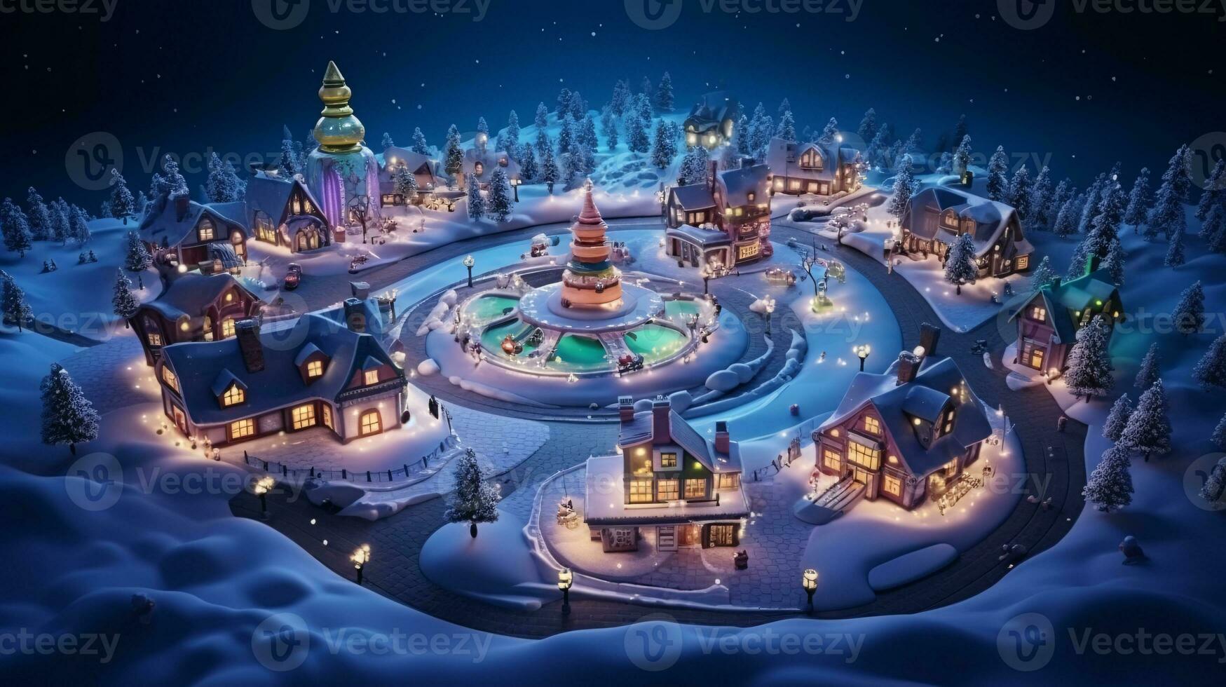 ai generative Realistic cozy small Christmas town by night isometric or birds eye view photo