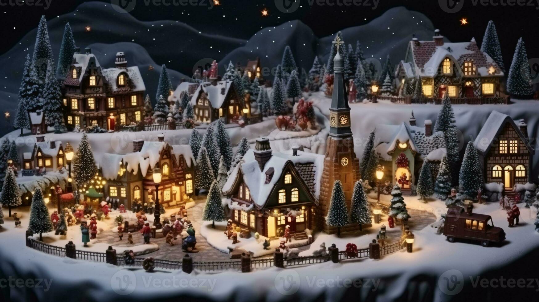 ai generative Realistic cozy small Christmas town by night isometric or birds eye view photo