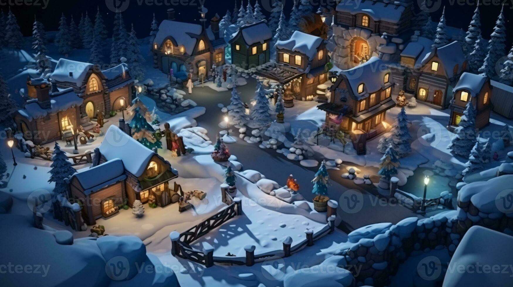 ai generative Realistic cozy small Christmas town by night isometric or birds eye view photo