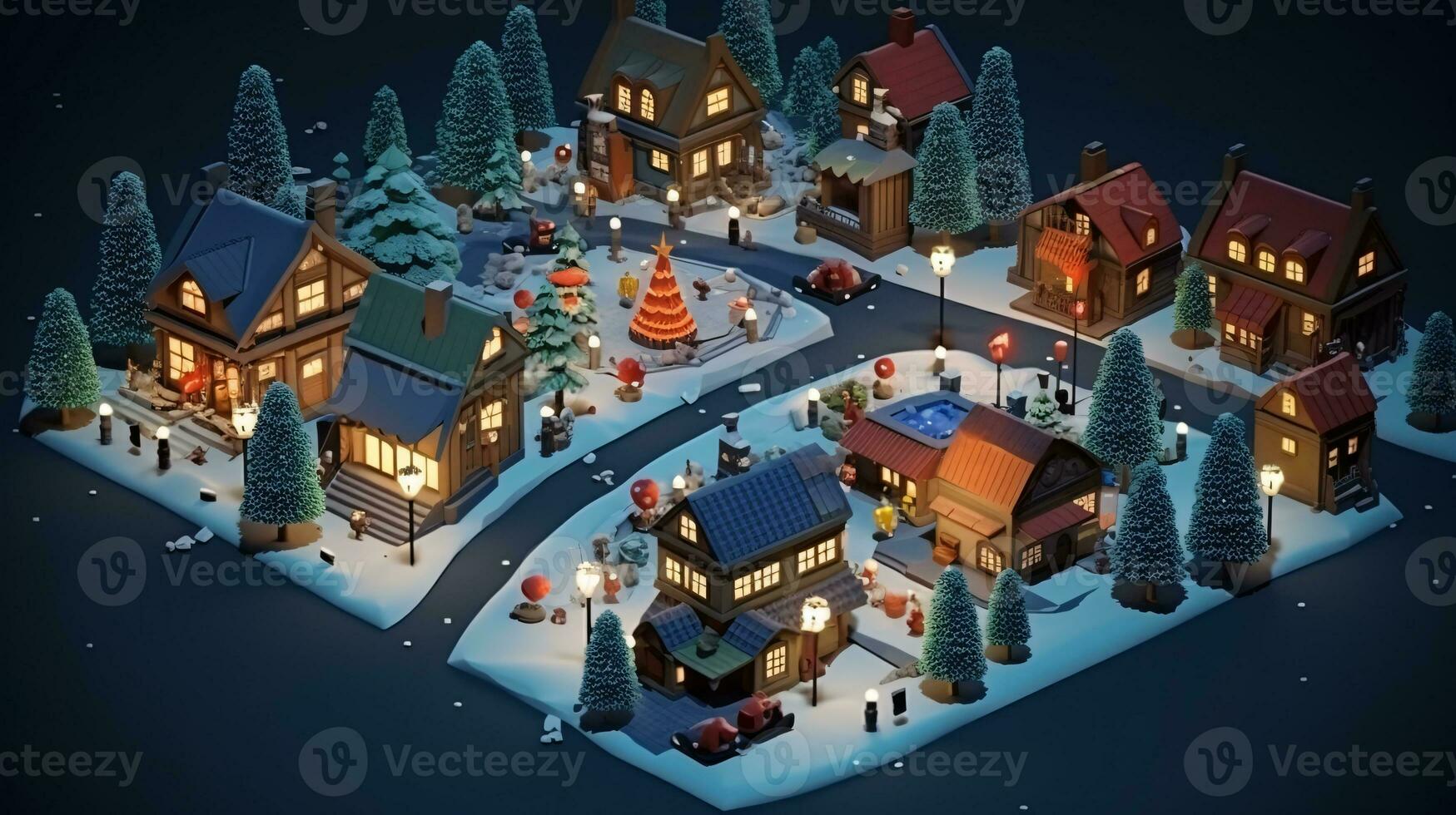 ai generative Realistic cozy small Christmas town by night isometric or birds eye view photo