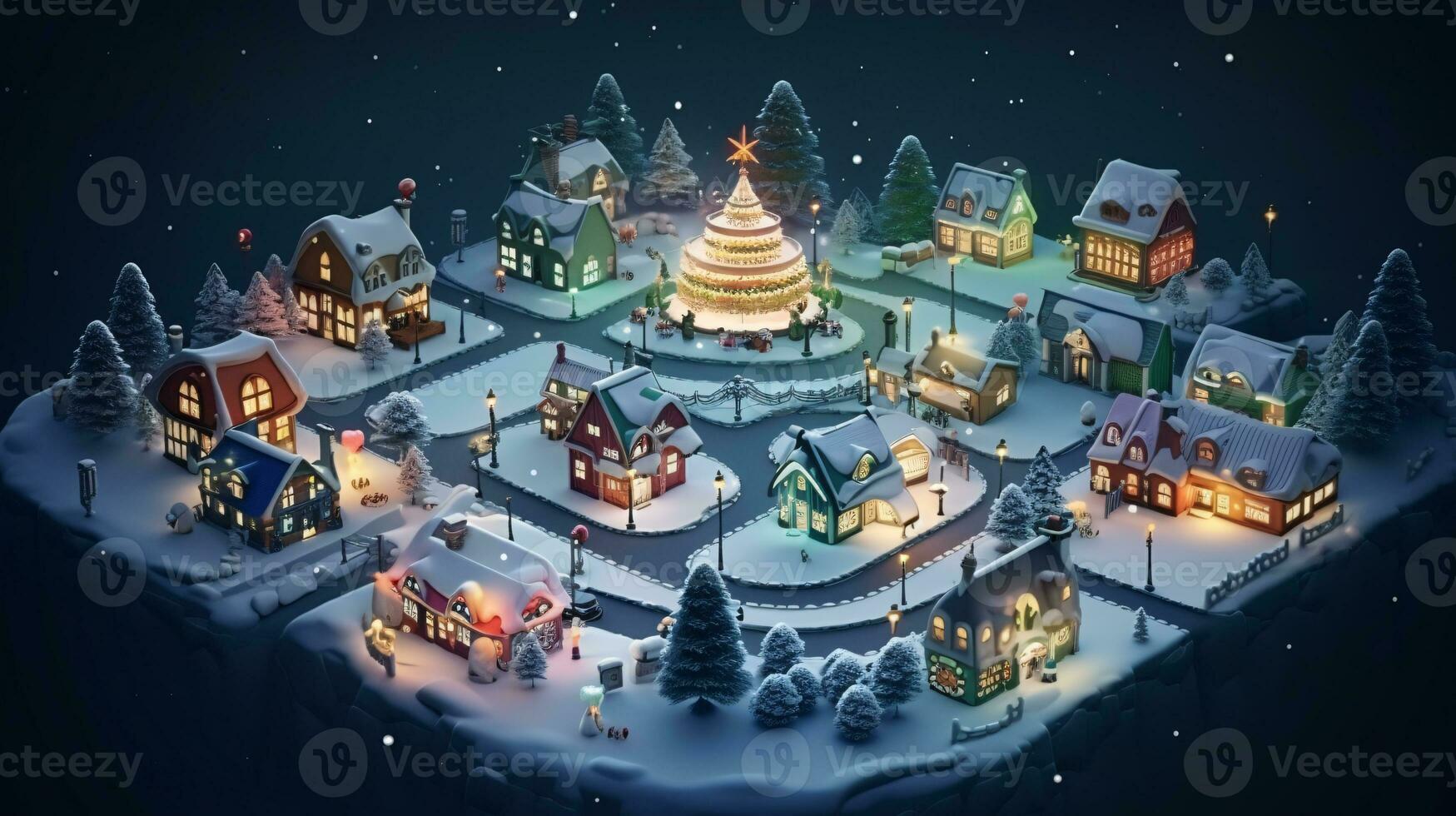 ai generative Realistic cozy small Christmas town by night isometric or birds eye view photo