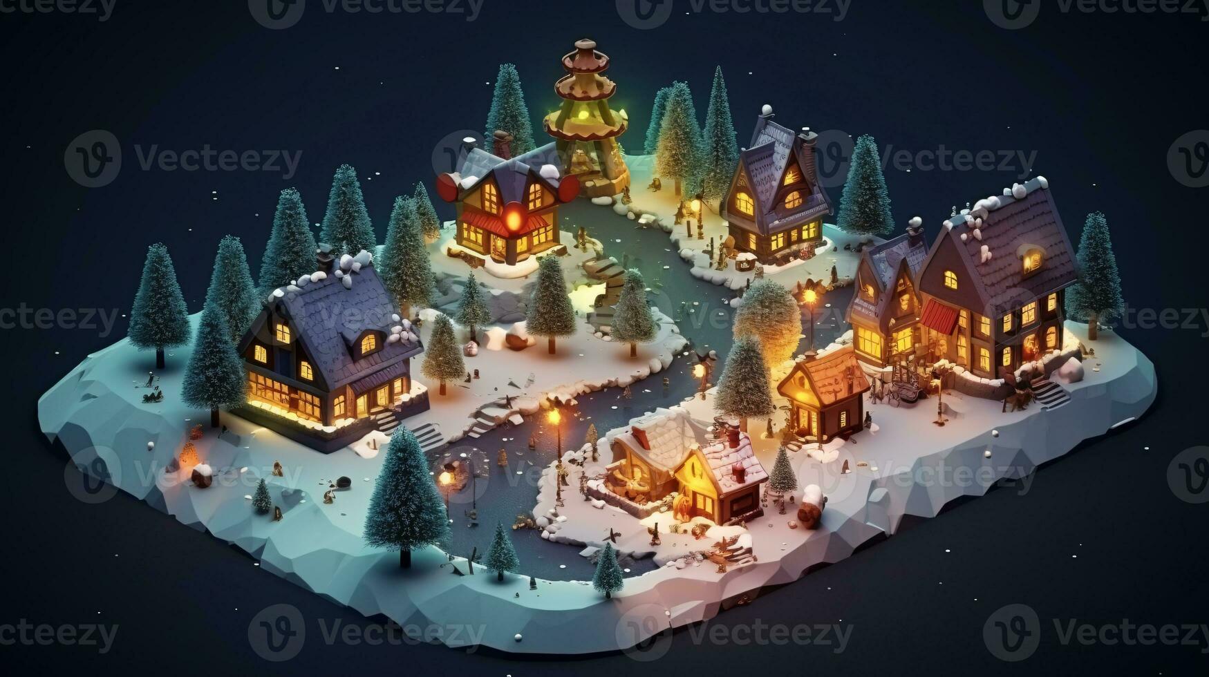 ai generative Realistic cozy small Christmas town by night isometric or birds eye view photo