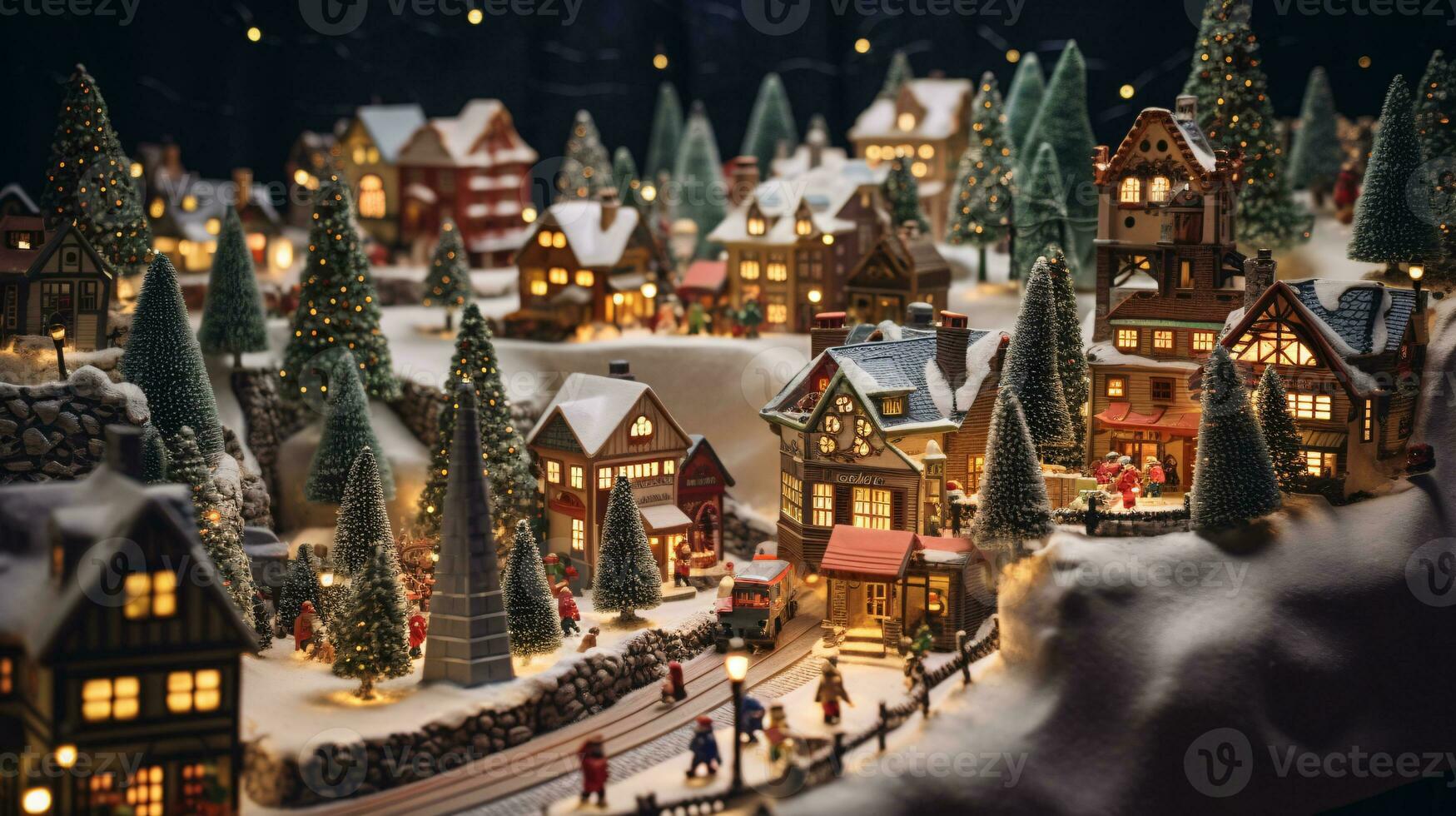 ai generative Realistic cozy small Christmas town by night isometric or birds eye view photo