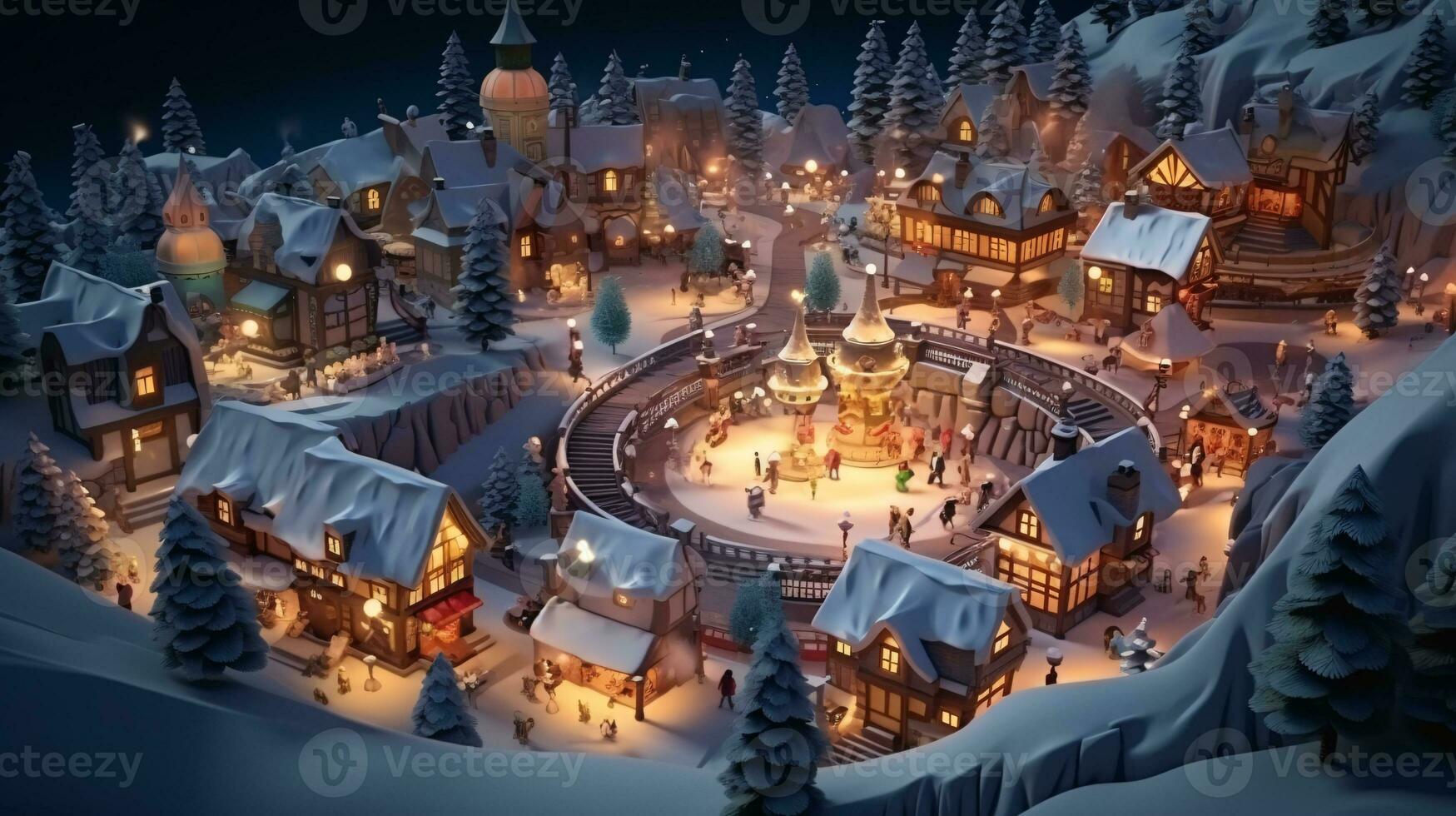 ai generative Realistic cozy small Christmas town by night isometric or birds eye view photo