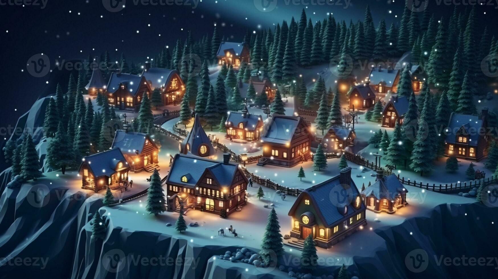 ai generative Realistic cozy small Christmas town by night isometric or birds eye view photo