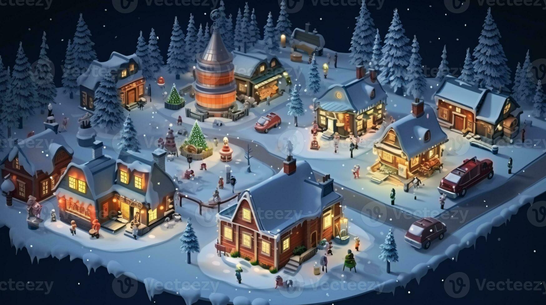 ai generative Realistic cozy small Christmas town by night isometric or birds eye view photo