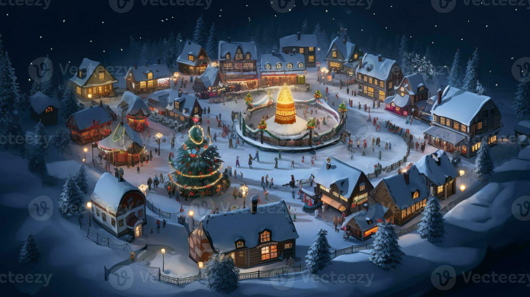 ai generative Realistic cozy small Christmas town by night isometric or birds eye view photo