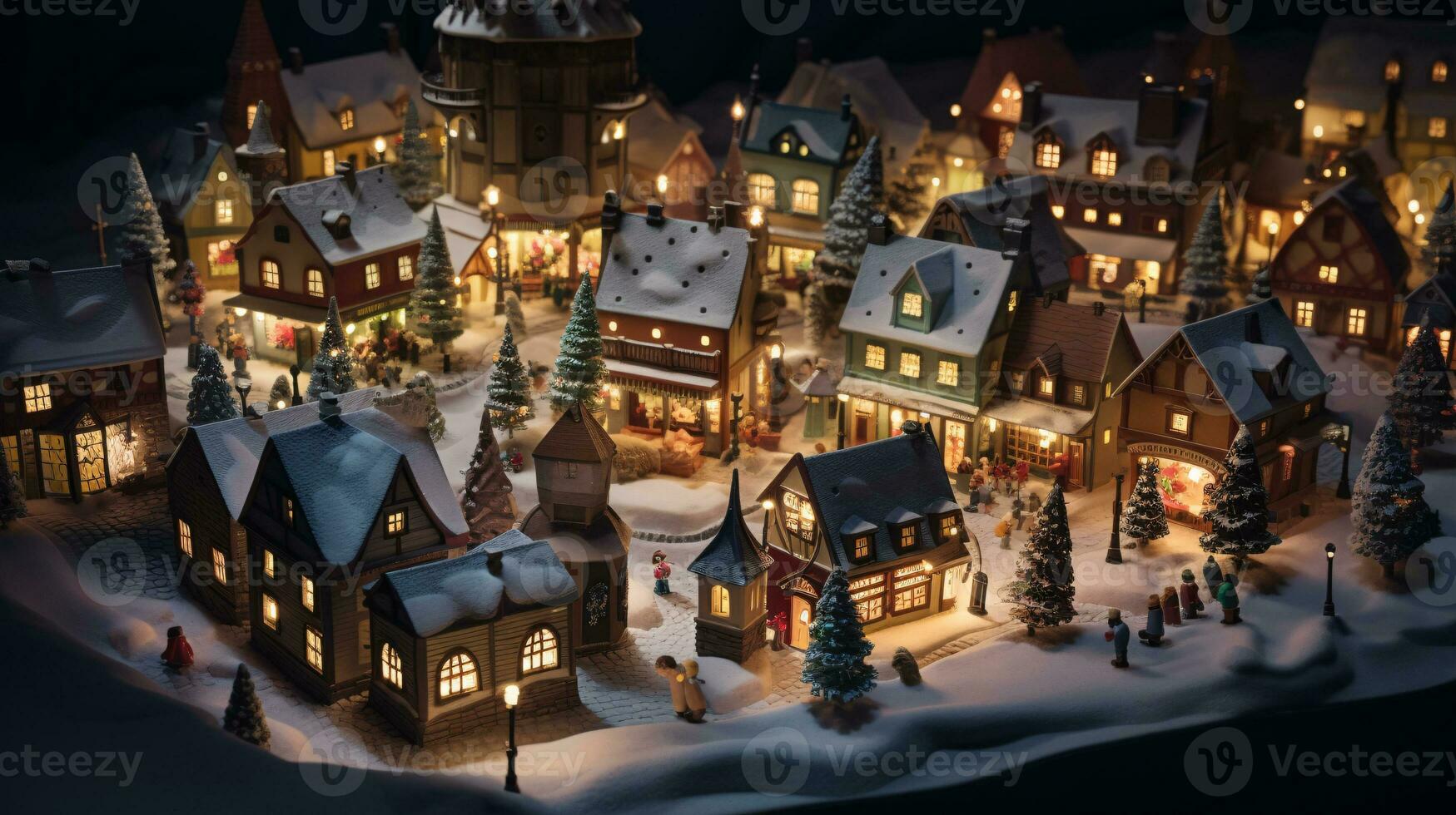 ai generative Realistic cozy small Christmas town by night isometric or birds eye view photo