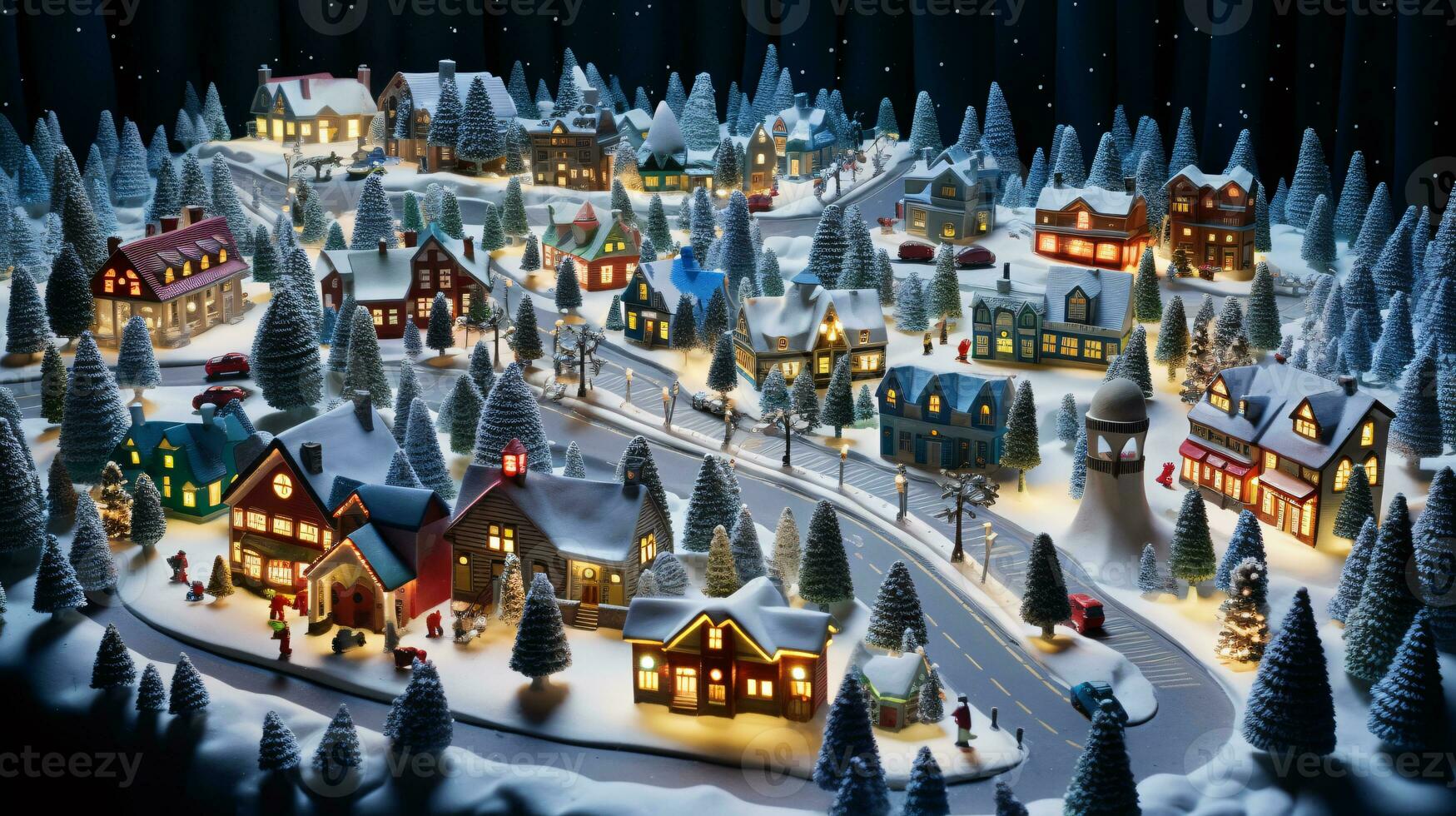 ai generative Realistic cozy small Christmas town by night isometric or birds eye view photo