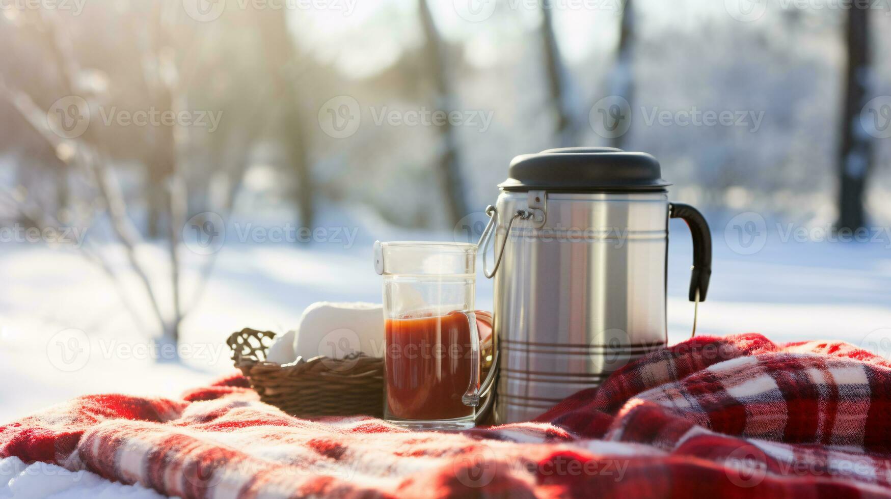 ai generativo invierno picnic escena en nieve con termo en un cobija y picnic cesta foto