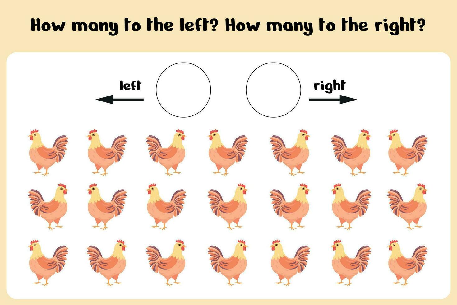 How many left and right chickens. Learning sheet for children to learn left and right. The score game. Kids counting game. Vector illustration