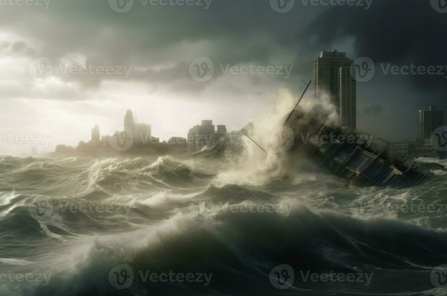 Tsunami sea city waves marine. Generate Ai photo