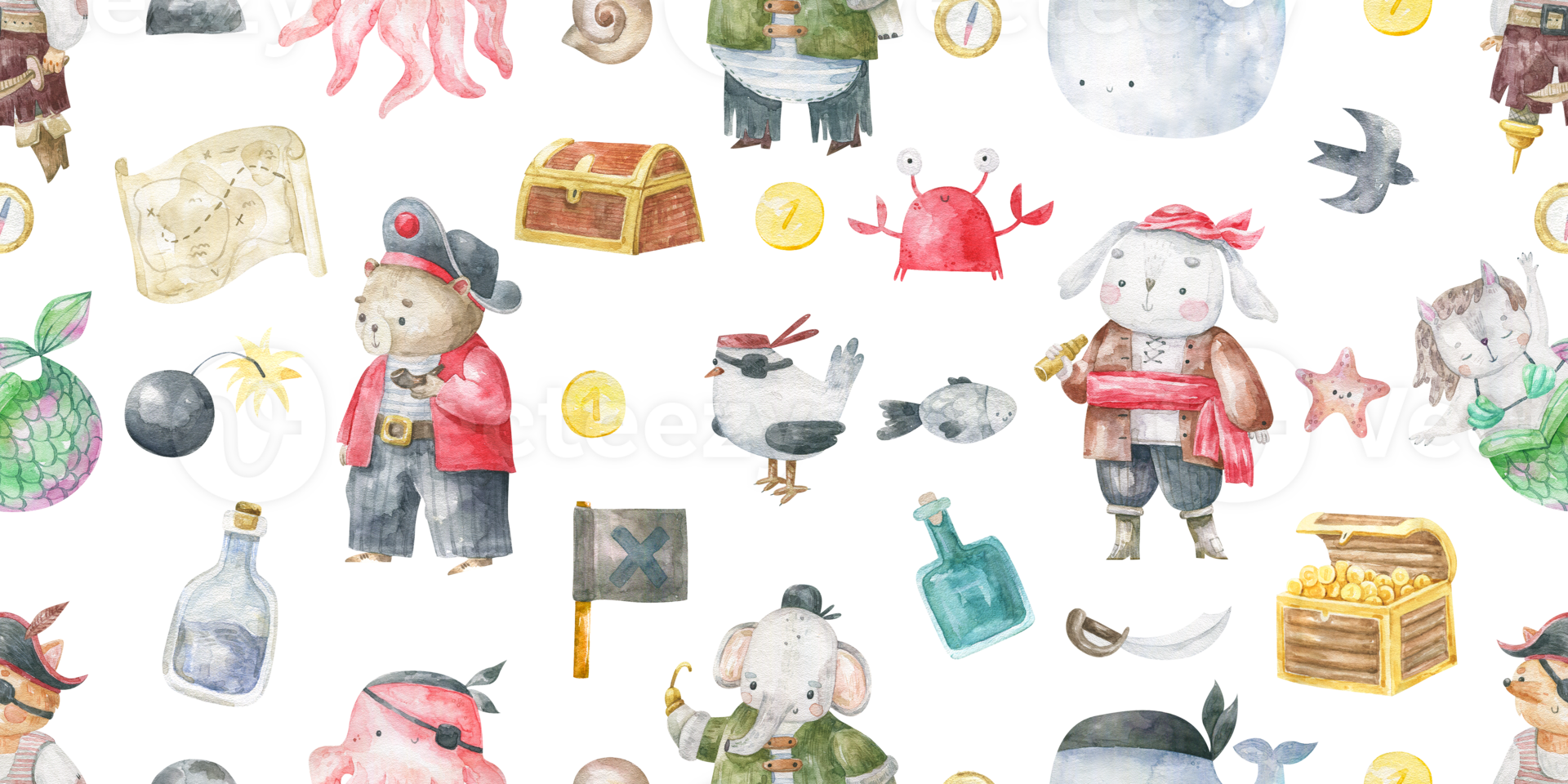 Seamless pattern with pirates. Endless design underwater life, fairy mermaids and fishes, treasure. Cute watercolor loopable wall art png
