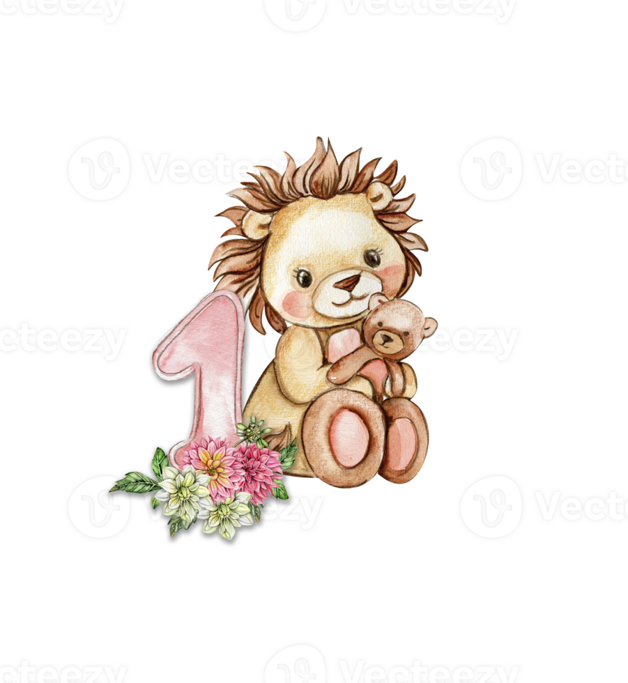 Watercolor hand drawn small baby lion with dahlia flowers and numbers composition. png