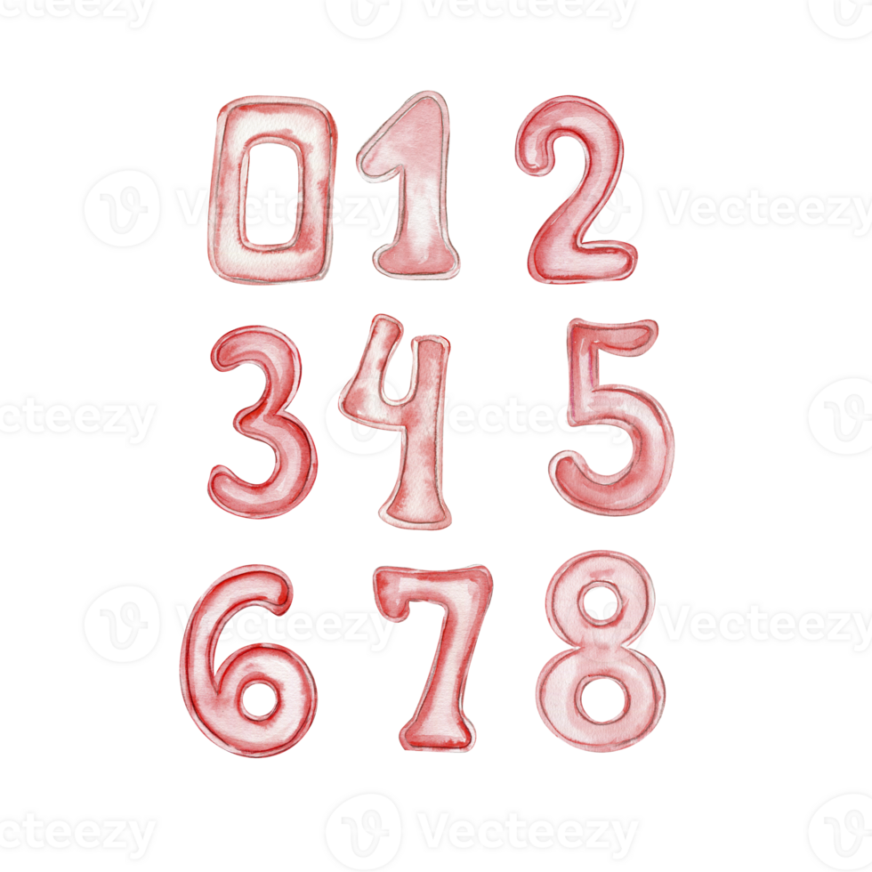 Watercolor hand drawn pink numbers. png