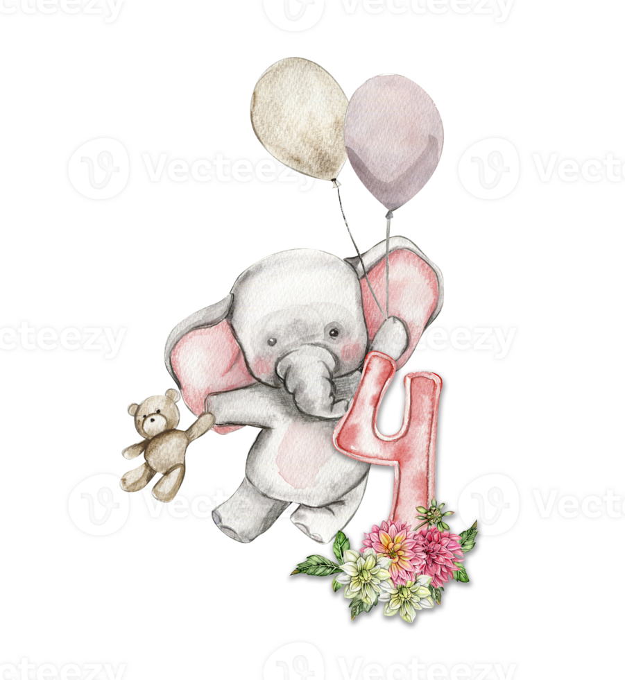 Watercolor hand drawn small baby elephant with dahlia flowers and numbers composition. png