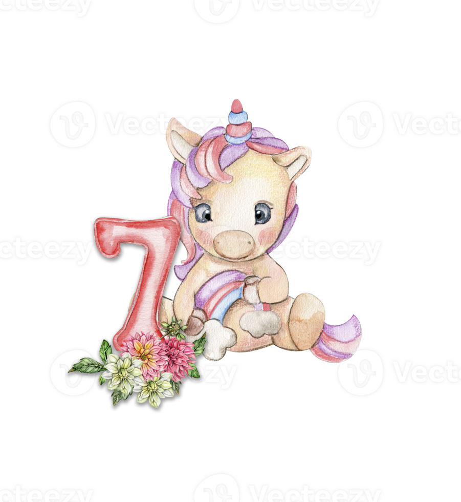 Watercolor hand drawn cute small baby unicorn with dahlia flowers with number composition. png