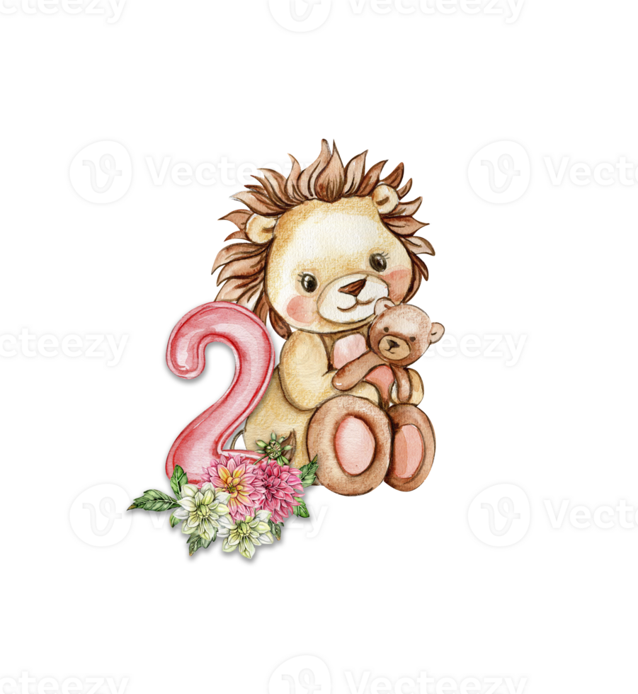 Watercolor hand drawn small baby lion with dahlia flowers and numbers composition. png