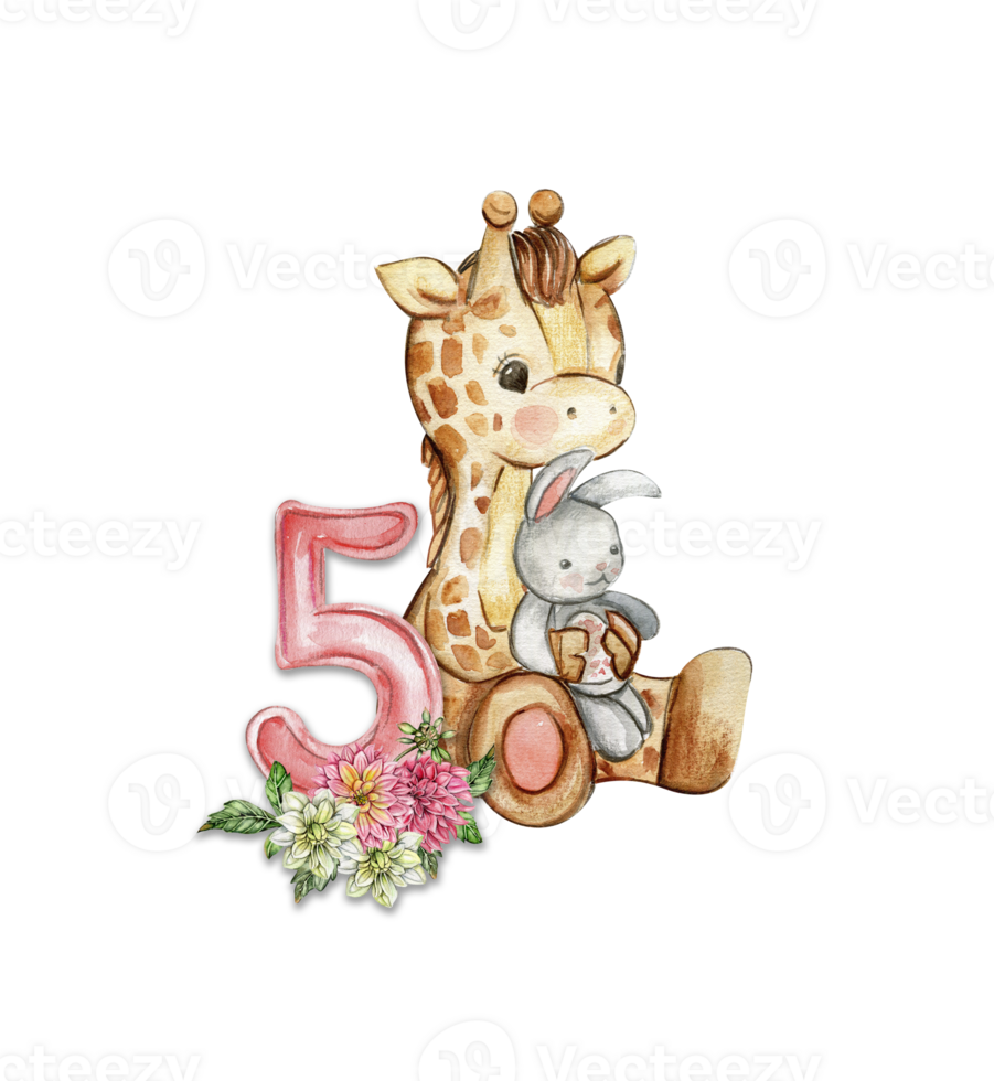 Watercolor hand drawn small baby giraffe with dahlia flowers and numbers composition. png