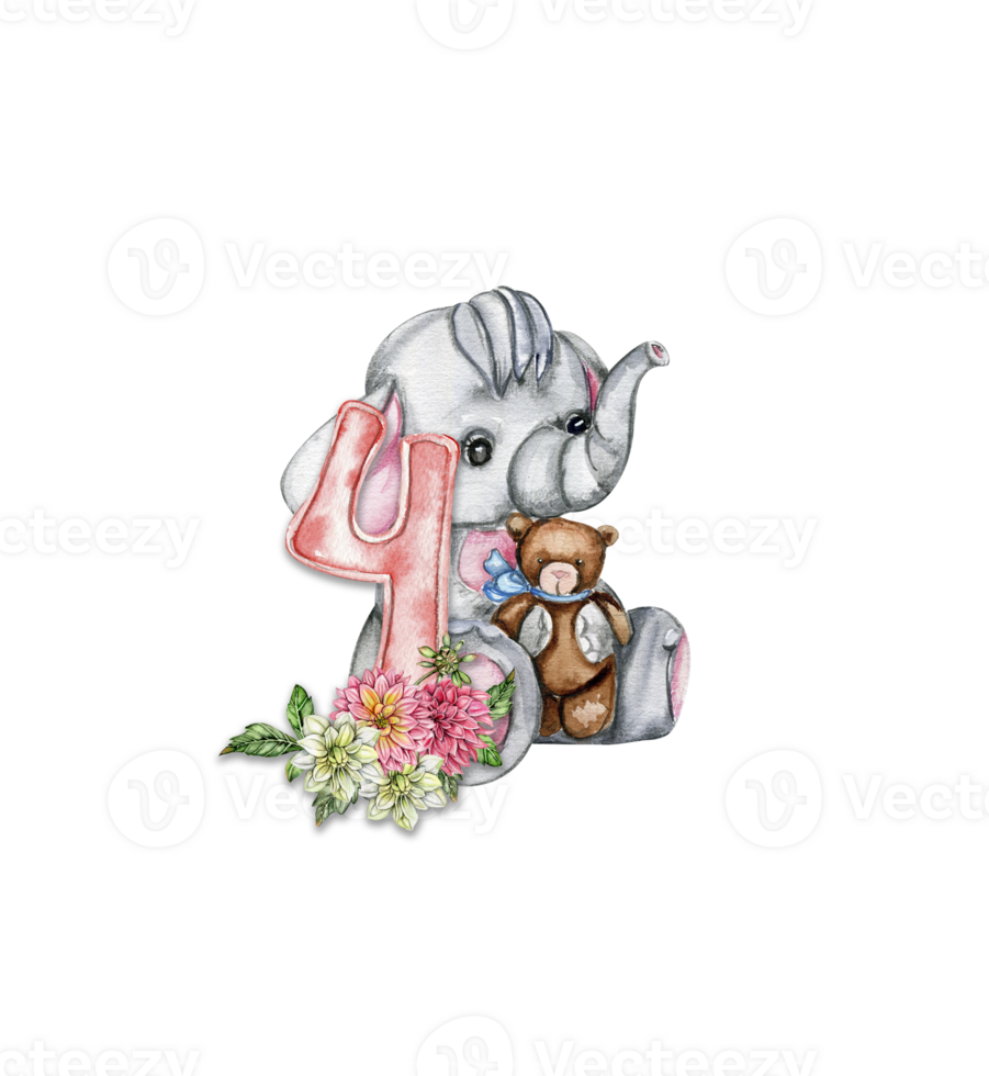 Watercolor hand drawn small baby elephant with dahlia flowers and numbers composition. png