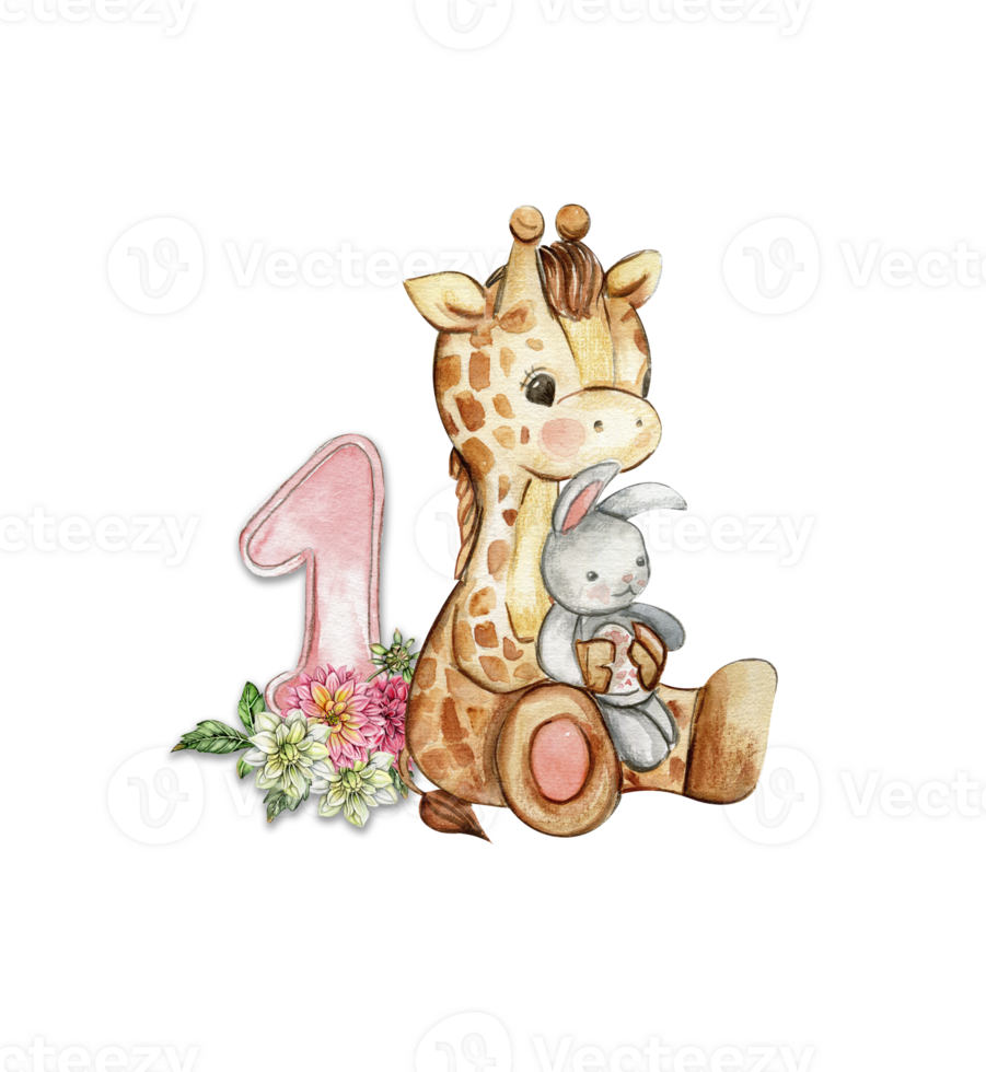 Watercolor hand drawn small baby giraffe with dahlia flowers and numbers composition. png