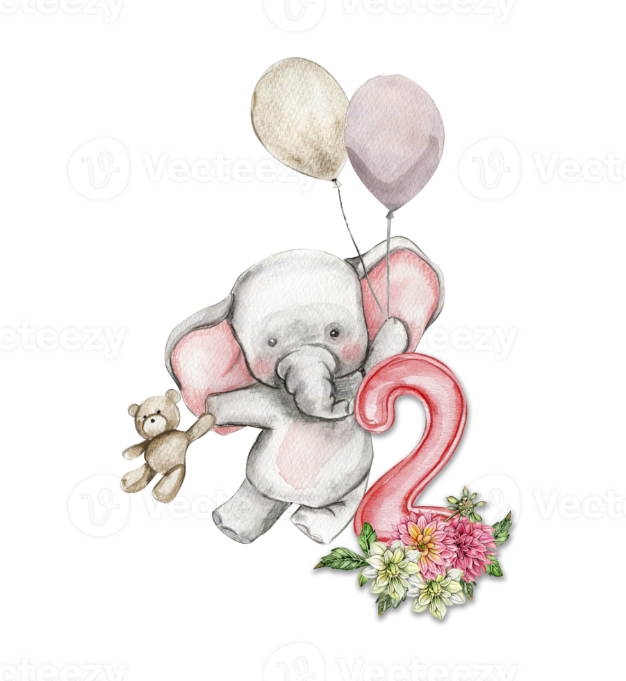 Watercolor hand drawn small baby elephant with dahlia flowers and numbers composition. png