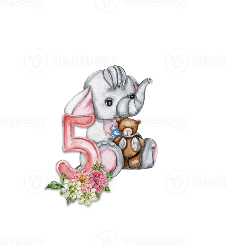 Watercolor hand drawn small baby elephant with dahlia flowers and numbers composition. png