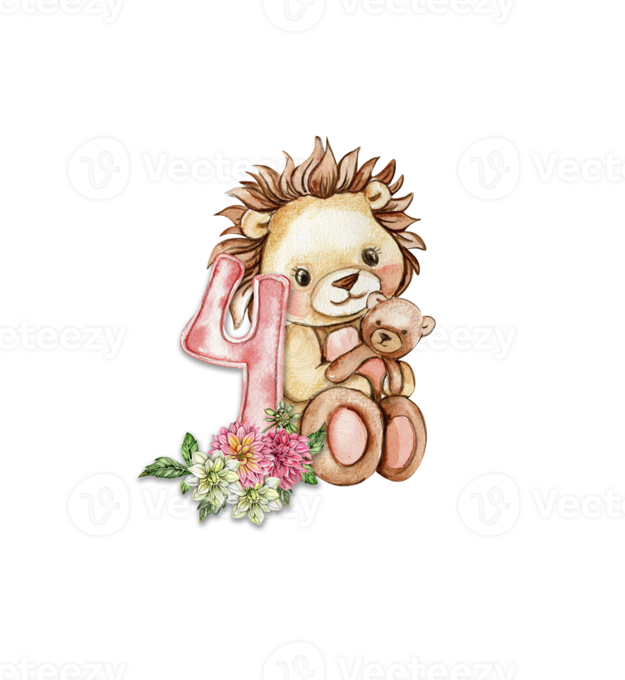 Watercolor hand drawn small baby lion with dahlia flowers and numbers composition. png