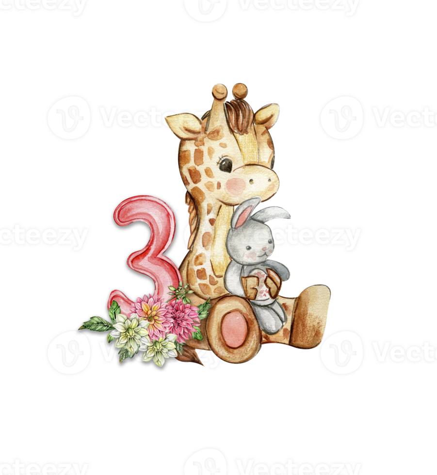 Watercolor hand drawn small baby giraffe with dahlia flowers and numbers composition. png