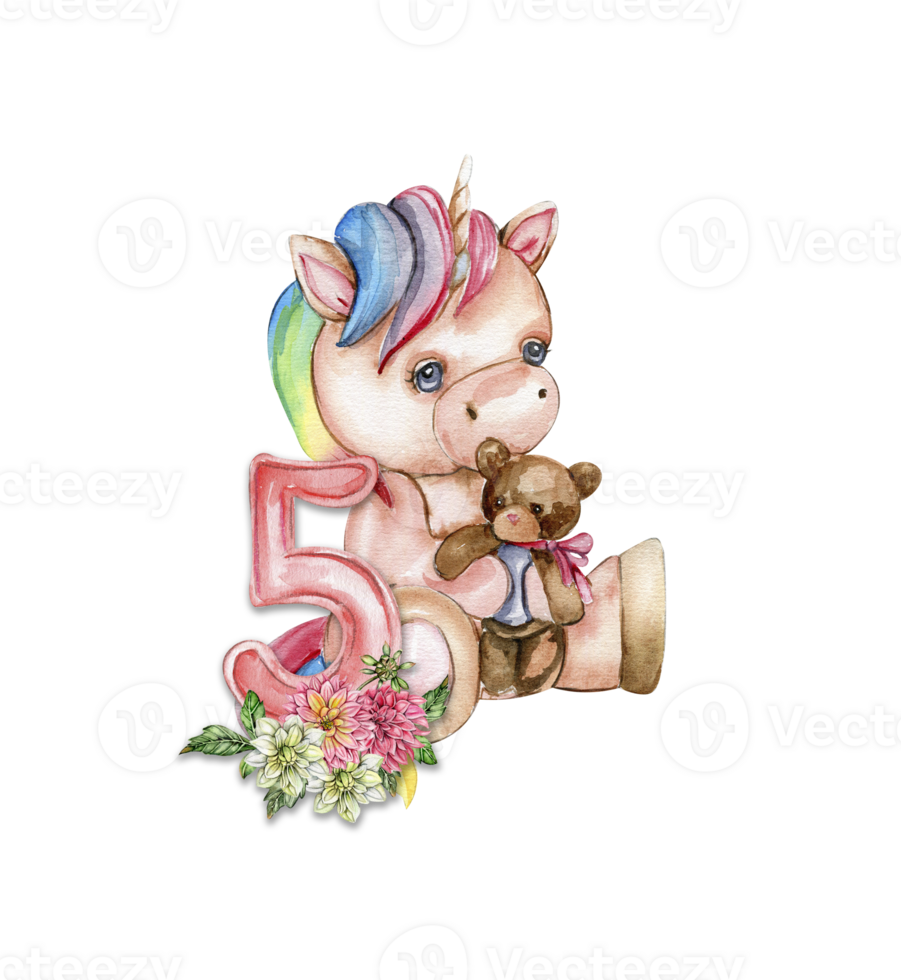 Watercolor hand drawn cute small baby unicorn with dahlia flowers with number composition. png