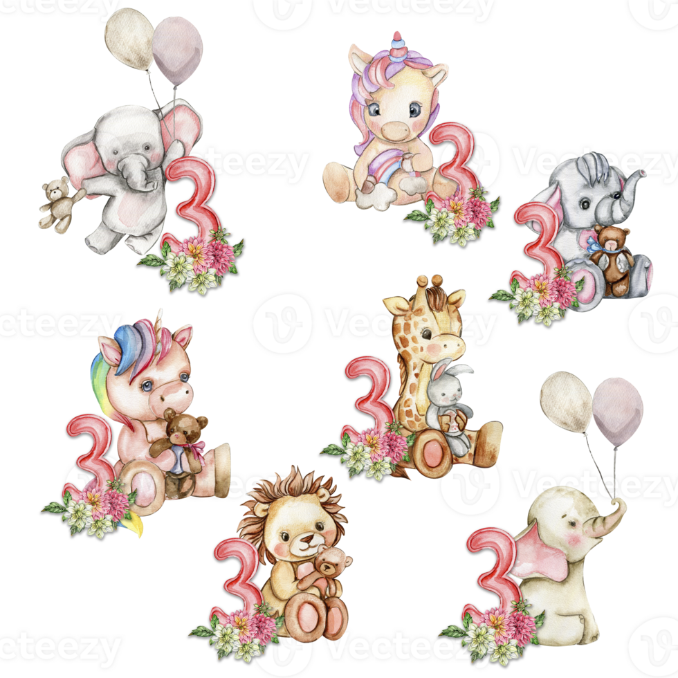 Watercolor hand drawn small baby animals with dahlia flowers and numbers composition. png