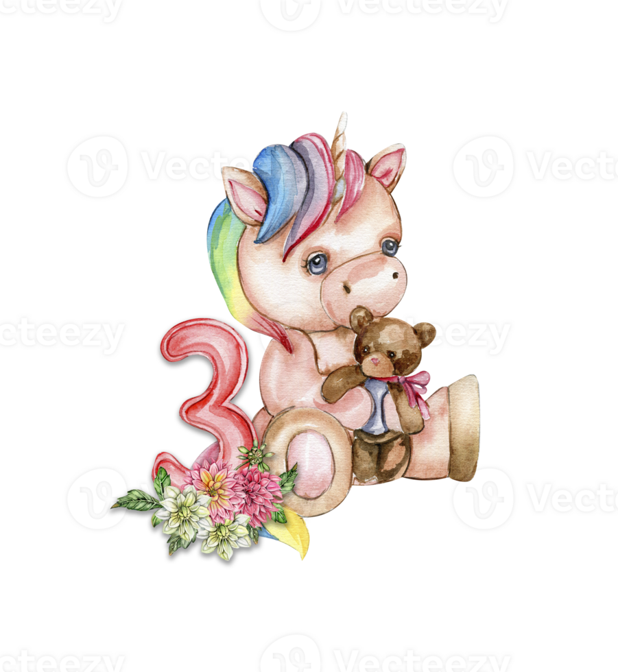 Watercolor hand drawn cute small baby unicorn with dahlia flowers with number composition. png