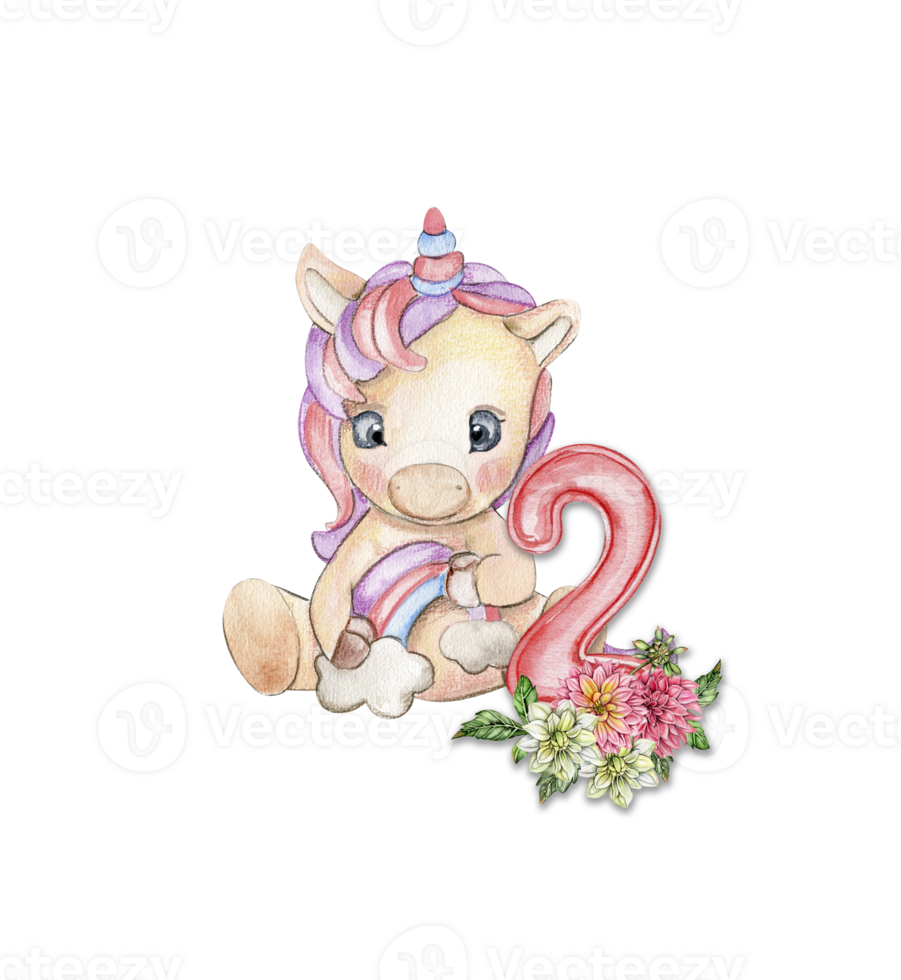 Watercolor hand drawn cute small baby unicorn with dahlia flowers with number composition. png