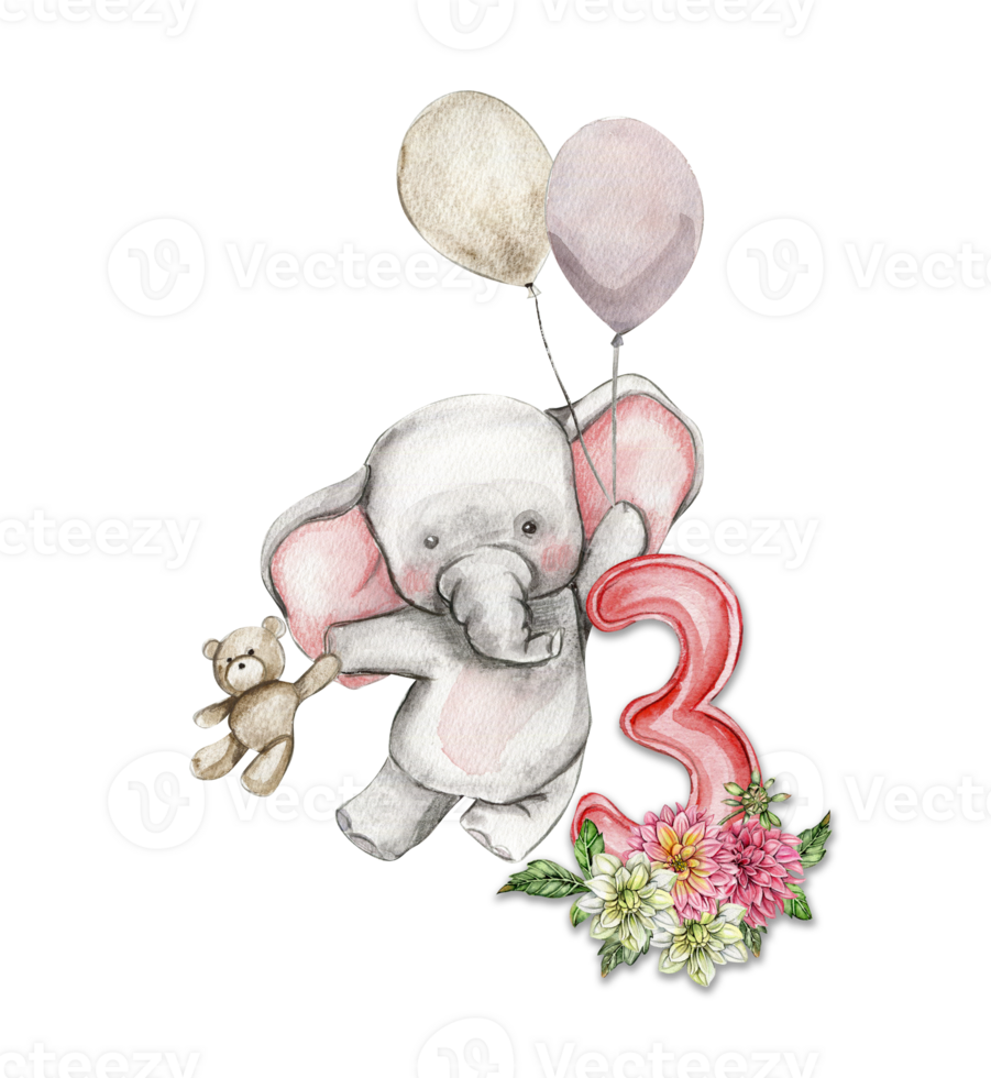 Watercolor hand drawn small baby elephant with dahlia flowers and numbers composition. png