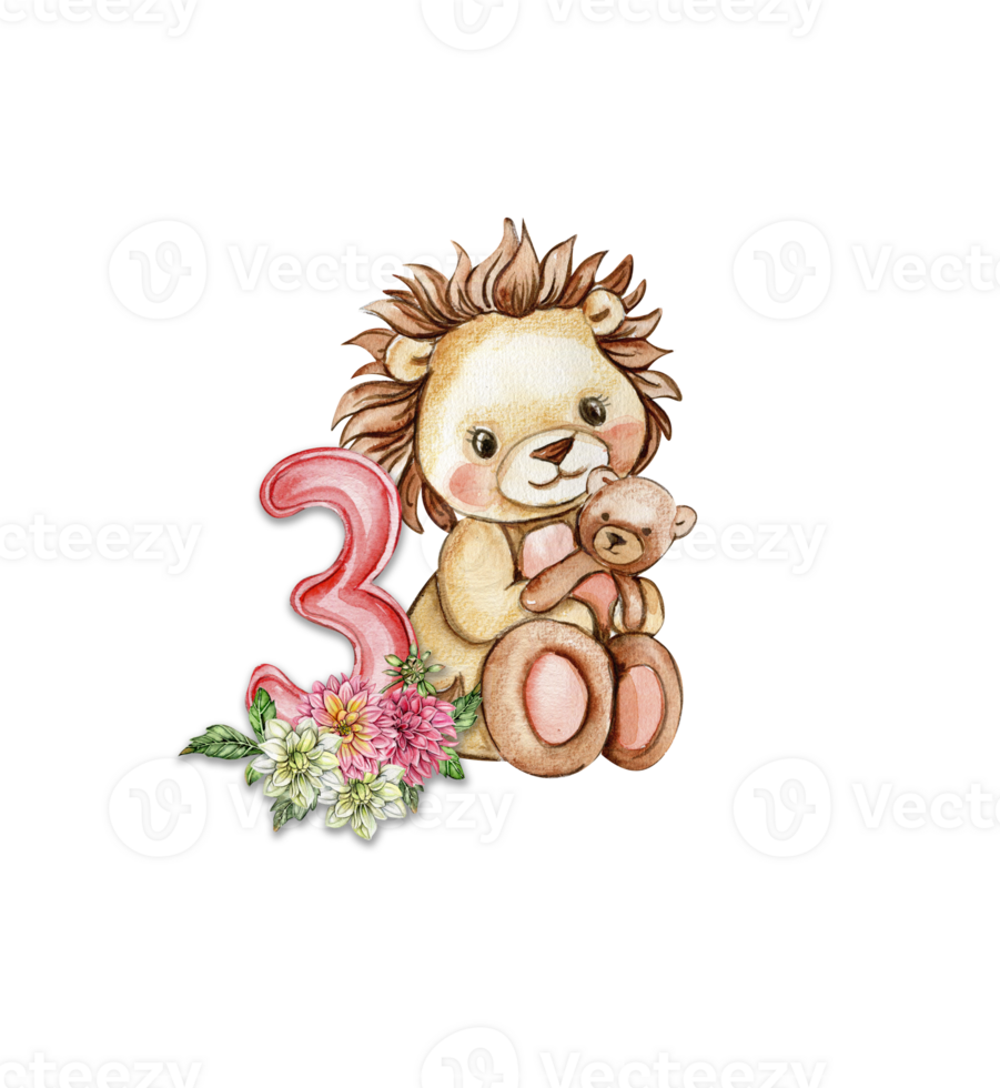 Watercolor hand drawn small baby lion with dahlia flowers and numbers composition. png