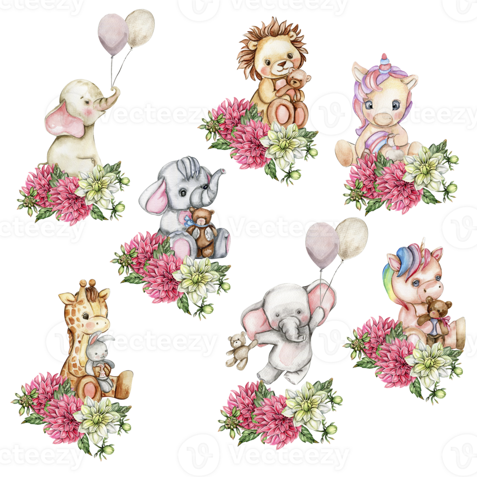 Watercolor hand drawn small baby lion. elephant, giraffe, unicorn with