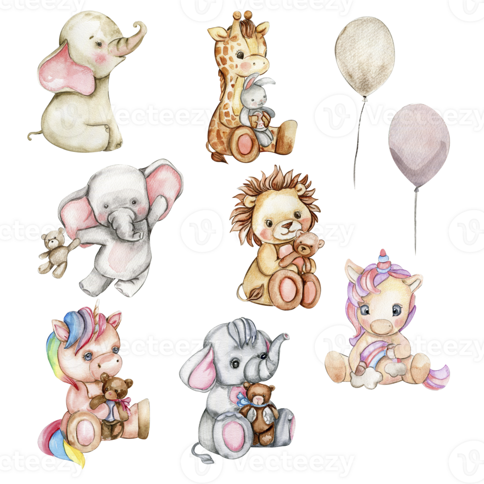 Watercolor hand drawn cute small baby lion. elephant, giraffe, unicorn