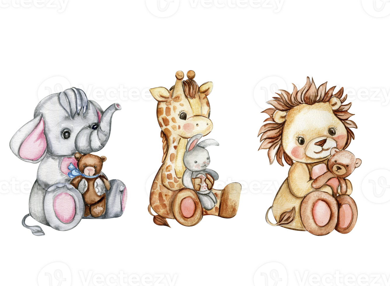 Watercolor cute small baby giraffe, lion and elephant. png