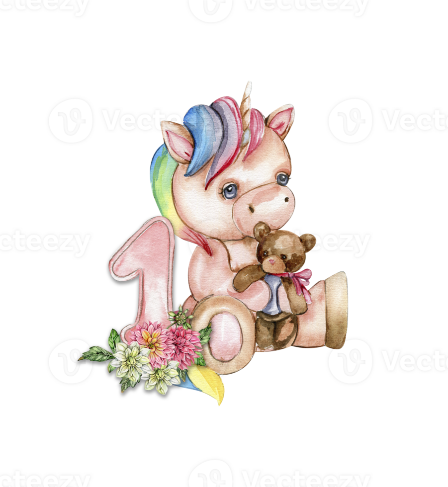 Watercolor hand drawn cute small baby unicorn with dahlia flowers with number composition. png