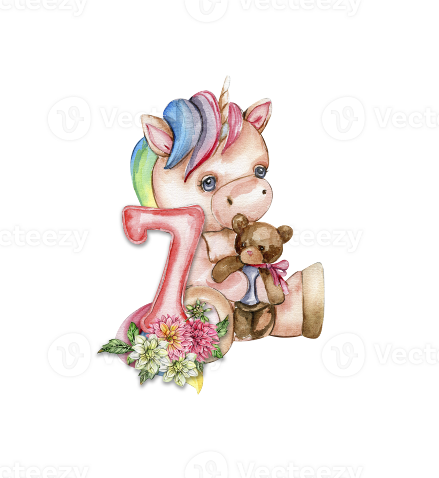 Watercolor hand drawn cute small baby unicorn with dahlia flowers with number composition. png