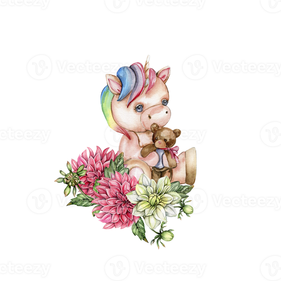 Watercolor hand drawn cute small baby unicorn with dahlia flowers with number composition. png