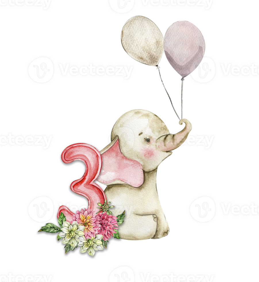 Watercolor hand drawn small baby elephant with dahlia flowers and numbers composition. png