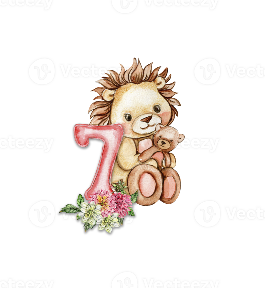 Watercolor hand drawn small baby lion with dahlia flowers and numbers composition. png