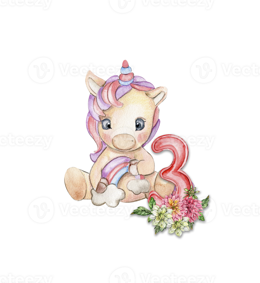 Watercolor hand drawn cute small baby unicorn with dahlia flowers with number composition. png