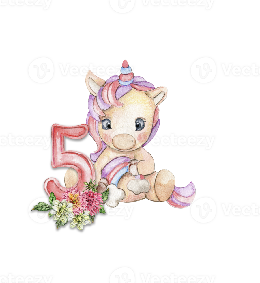 Watercolor hand drawn cute small baby unicorn with dahlia flowers with number composition. png